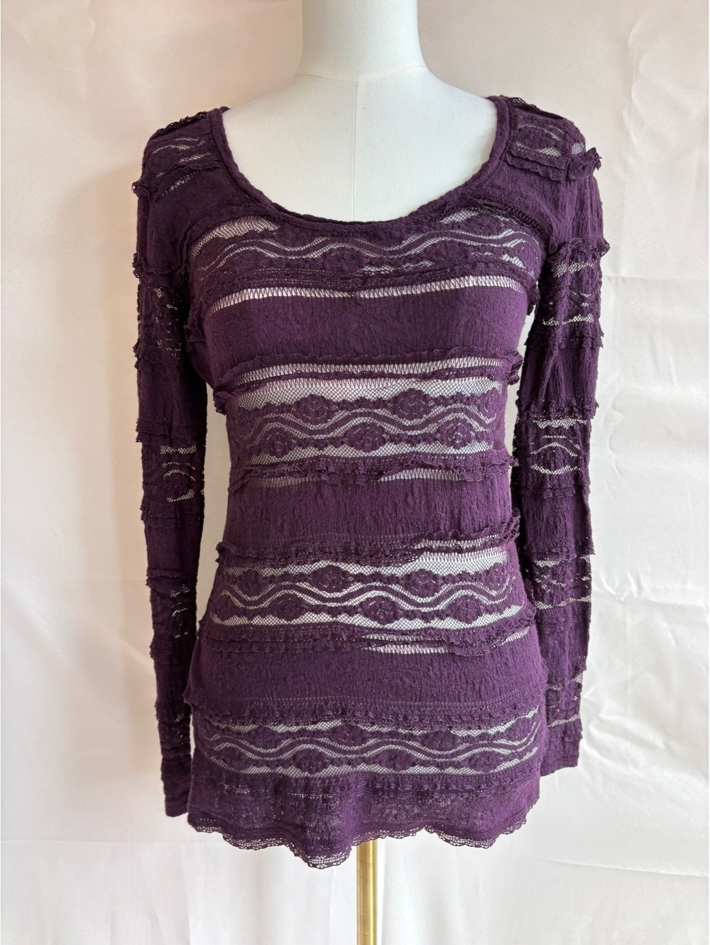 Express Women's Medium Purple Sheer Lace Long Sleeve Top